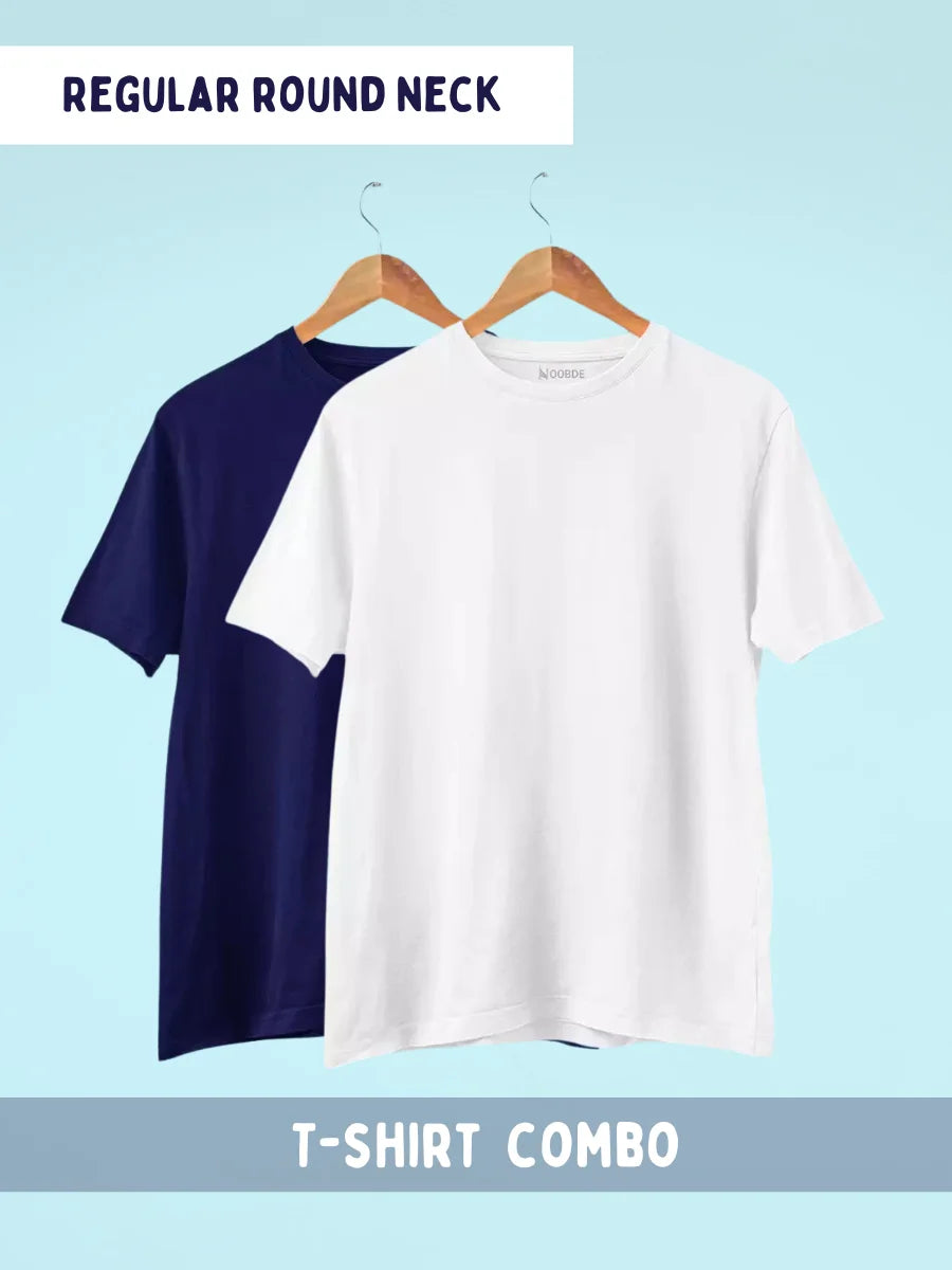 Pack of 2 Navy Blue & White Plain T-shirts for Men